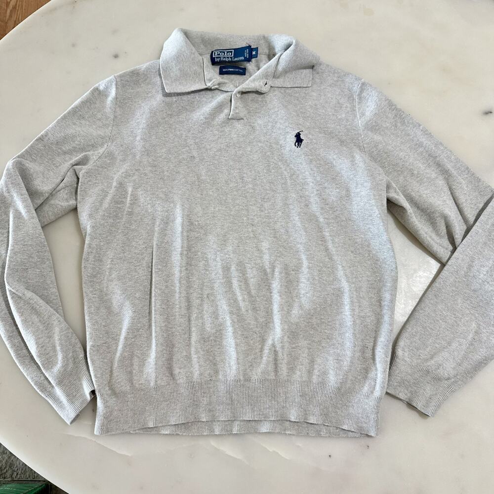 Vintage Polo By Ralph Lauren Sweater Mens M Gray Cotton Knit Polo Collar Buttons